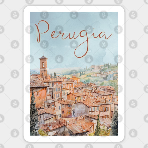Perugia Italy Watercolor Poster – Tuscany Travel Wall Art Sticker by TuncGK