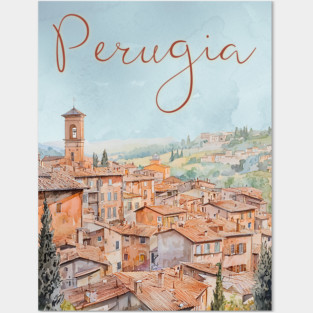 Perugia Italy Watercolor Poster – Tuscany Travel Wall Art Posters and Art