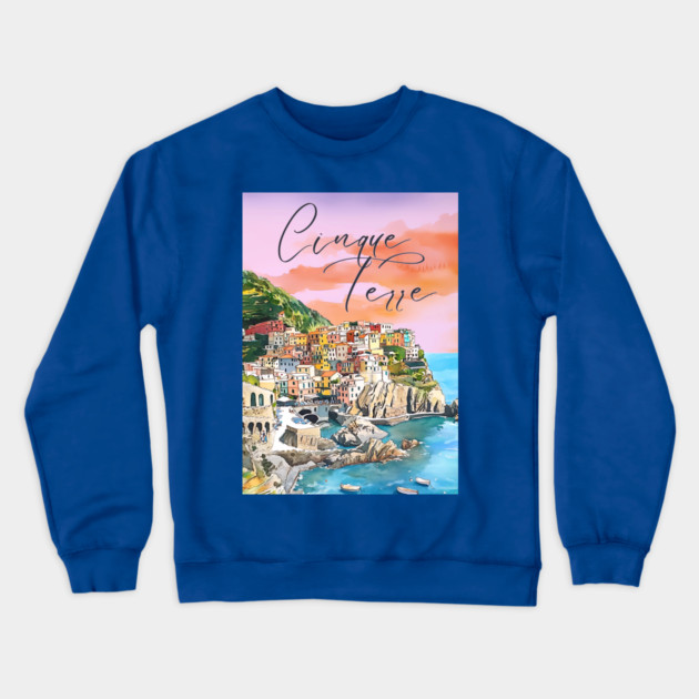 Cinque Terre Italy Watercolor Poster – Colorful Mediterranean Seaside Art Crewneck Sweatshirt by TuncGK