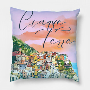 Cinque Terre Italy Watercolor Poster – Colorful Mediterranean Seaside Art Pillow
