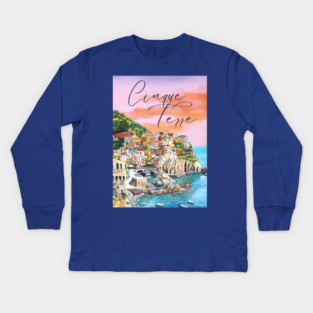 Cinque Terre Italy Watercolor Poster – Colorful Mediterranean Seaside Art Kids Long Sleeve T-Shirt