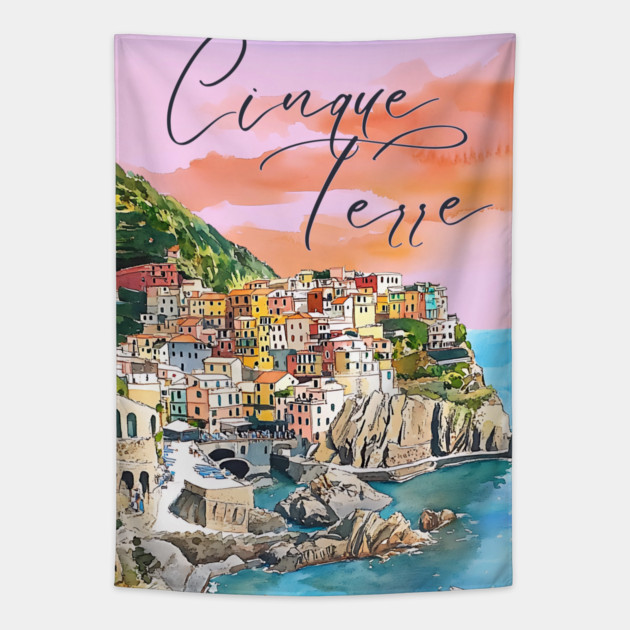 Cinque Terre Italy Watercolor Poster – Colorful Mediterranean Seaside Art Tapestry by TuncGK