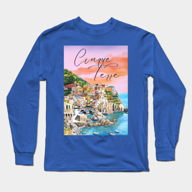 Cinque Terre Italy Watercolor Poster – Colorful Mediterranean Seaside Art Long Sleeve T-Shirt by TuncGK