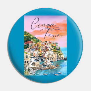 Cinque Terre Italy Watercolor Poster – Colorful Mediterranean Seaside Art Pin