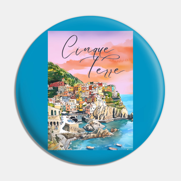 Cinque Terre Italy Watercolor Poster – Colorful Mediterranean Seaside Art Pin by TuncGK