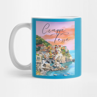 Cinque Terre Italy Watercolor Poster – Colorful Mediterranean Seaside Art Mug