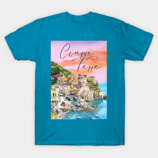 Cinque Terre Italy Watercolor Poster – Colorful Mediterranean Seaside Art T-Shirt