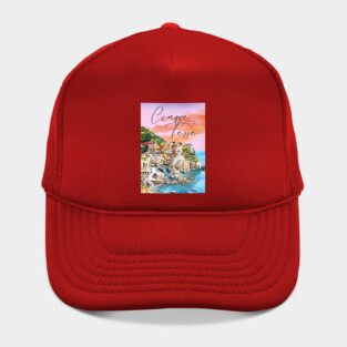 Cinque Terre Italy Watercolor Poster – Colorful Mediterranean Seaside Art Hat