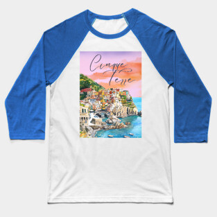 Cinque Terre Italy Watercolor Poster – Colorful Mediterranean Seaside Art Baseball T-Shirt