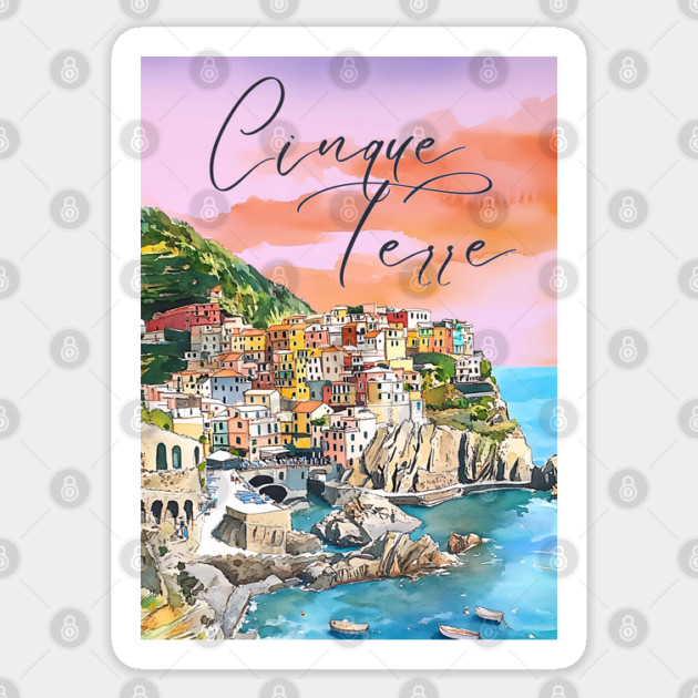Cinque Terre Italy Watercolor Poster – Colorful Mediterranean Seaside Art Sticker by TuncGK