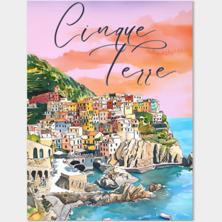 Cinque Terre Italy Watercolor Poster – Colorful Mediterranean Seaside Art Posters and Art