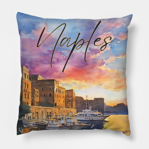 Naples Italy Coastal Sunset Print – Mediterranean Travel Art Pillow by TuncGK