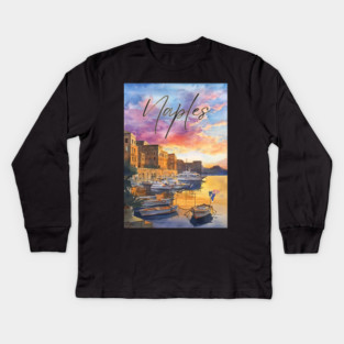 Naples Italy Coastal Sunset Print – Mediterranean Travel Art Kids Long Sleeve T-Shirt