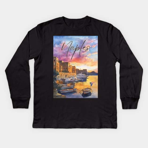 Naples Italy Coastal Sunset Print – Mediterranean Travel Art Kids Long Sleeve T-Shirt by TuncGK
