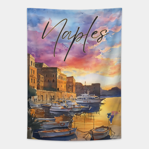 Naples Italy Coastal Sunset Print – Mediterranean Travel Art Tapestry by TuncGK