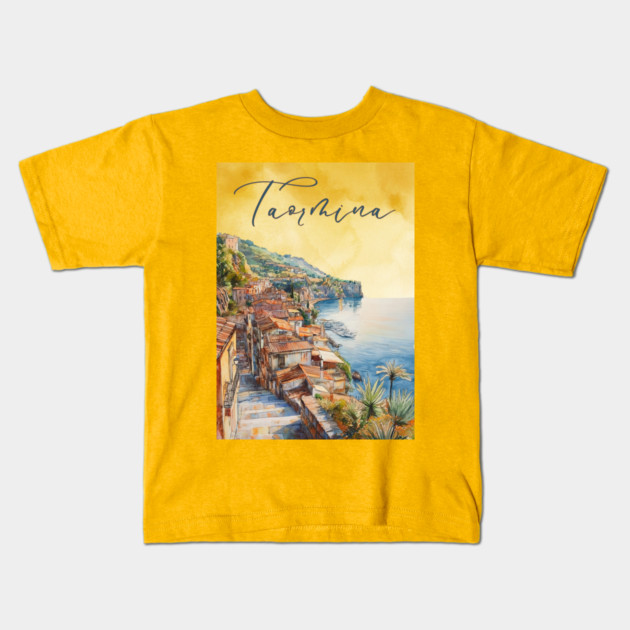 Taormina Sicily Watercolor Print – Scenic Italian Travel Poster Kids T-Shirt by TuncGK