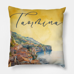 Taormina Sicily Watercolor Print – Scenic Italian Travel Poster Pillow