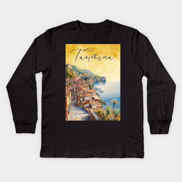 Taormina Sicily Watercolor Print – Scenic Italian Travel Poster Kids Long Sleeve T-Shirt by TuncGK