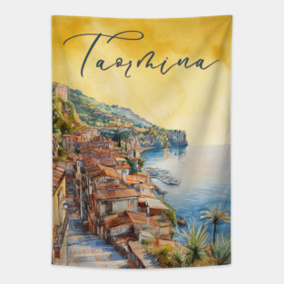 Taormina Sicily Watercolor Print – Scenic Italian Travel Poster Tapestry