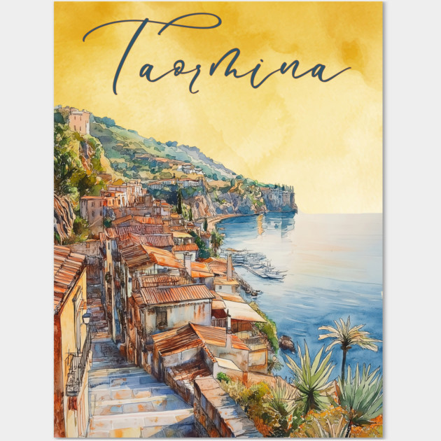 Taormina Sicily Watercolor Print – Scenic Italian Travel Poster Wall Art by TuncGK
