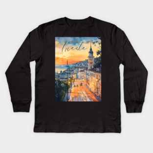 Trieste Italy Watercolor Art – Adriatic Seaside Travel Print Kids Long Sleeve T-Shirt