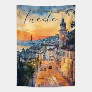 Trieste Italy Watercolor Art – Adriatic Seaside Travel Print Tapestry