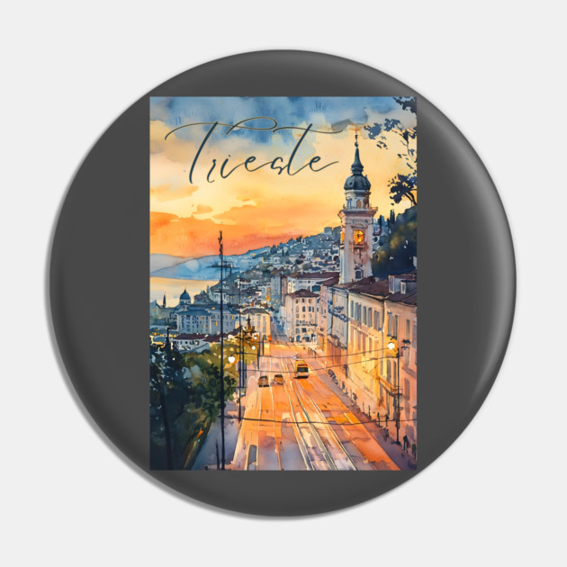 Trieste Italy Watercolor Art – Adriatic Seaside Travel Print Pin by TuncGK