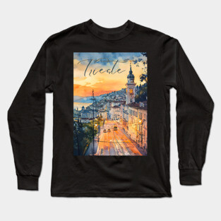 Trieste Italy Watercolor Art – Adriatic Seaside Travel Print Long Sleeve T-Shirt