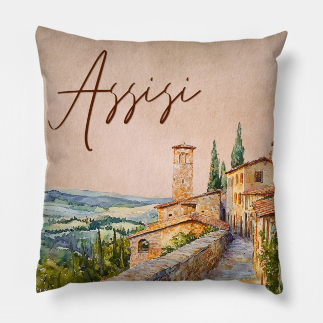 Assisi Italy - Watercolor Sunset Souvenir Pillow by TuncGK