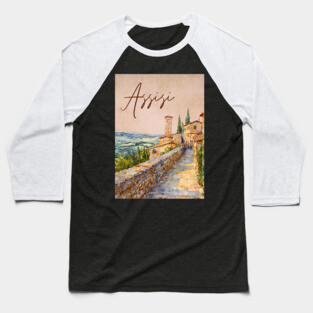 Assisi Italy - Watercolor Sunset Souvenir Baseball T-Shirt