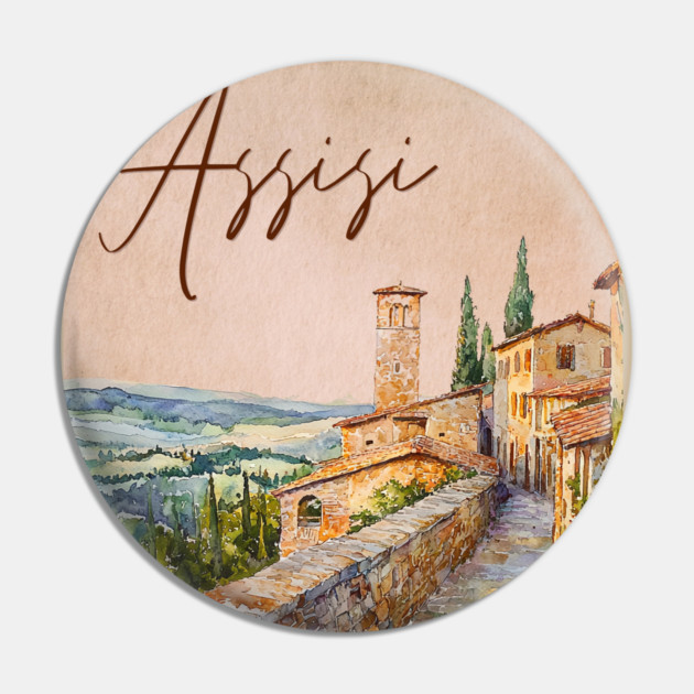 Assisi Italy - Watercolor Sunset Souvenir Pin by TuncGK