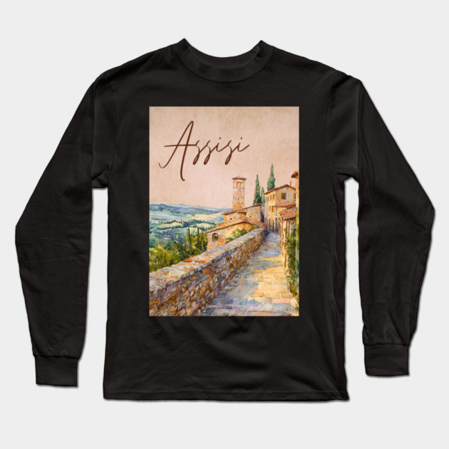 Assisi Italy - Watercolor Sunset Souvenir Long Sleeve T-Shirt by TuncGK