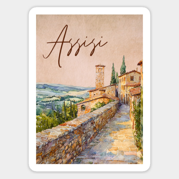 Assisi Italy - Watercolor Sunset Souvenir Magnet by TuncGK