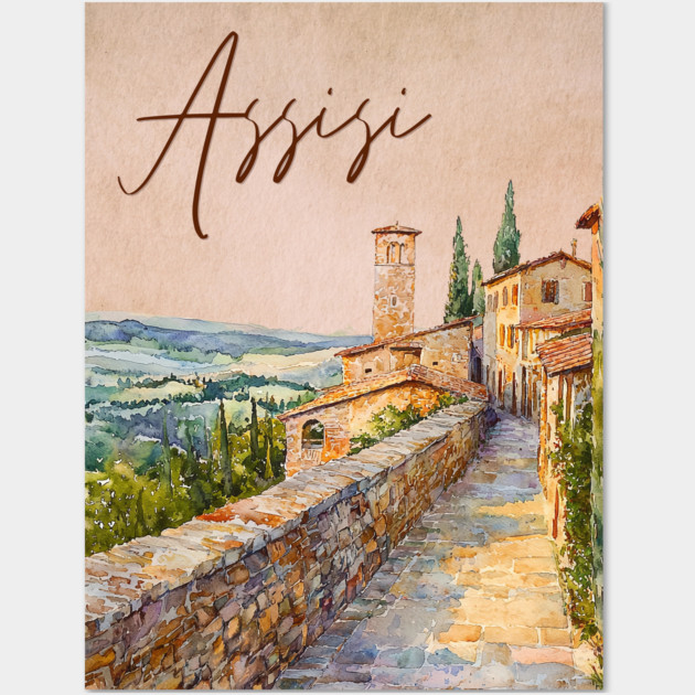 Assisi Italy - Watercolor Sunset Souvenir Wall Art by TuncGK