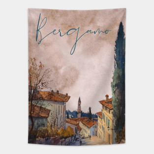 Bergamo Italy - Sunset Watercolor Cityscape - Souvenir Tapestry