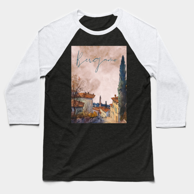 Bergamo Italy - Sunset Watercolor Cityscape - Souvenir Baseball T-Shirt by TuncGK