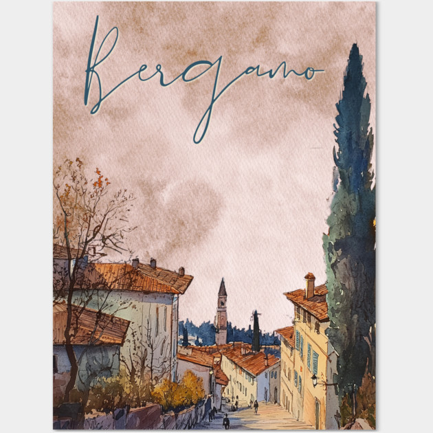 Bergamo Italy - Sunset Watercolor Cityscape - Souvenir Wall Art by TuncGK