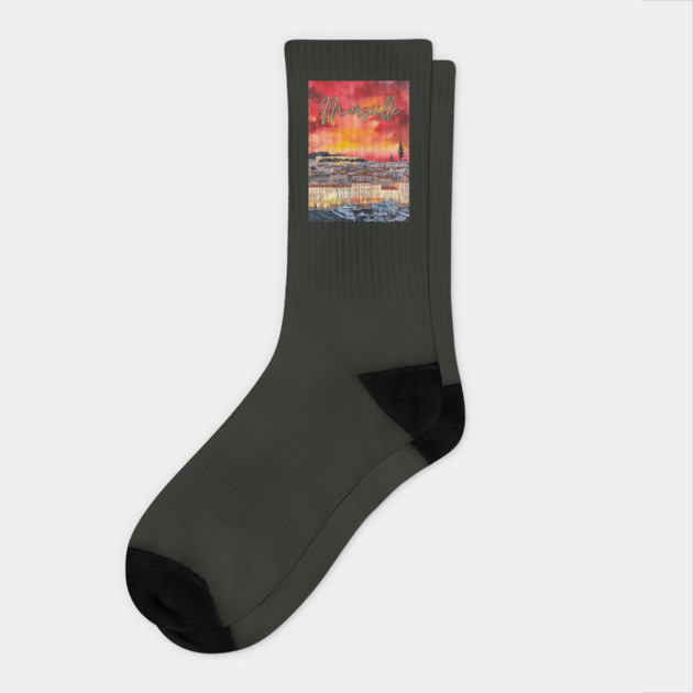 Marseille - Crimson Sunset Cityscape - Watercolor Souvenir Socks by TuncGK