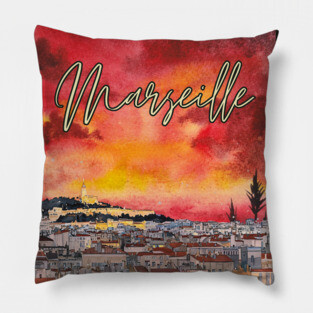 Marseille - Crimson Sunset Cityscape - Watercolor Souvenir Pillow