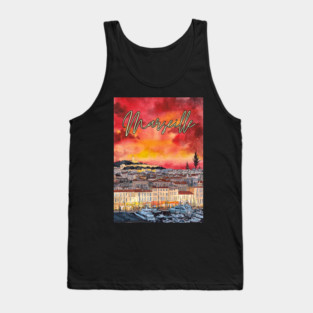 Marseille - Crimson Sunset Cityscape - Watercolor Souvenir Tank Top