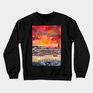 Marseille - Crimson Sunset Cityscape - Watercolor Souvenir Crewneck Sweatshirt