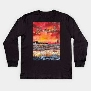 Marseille - Crimson Sunset Cityscape - Watercolor Souvenir Kids Long Sleeve T-Shirt