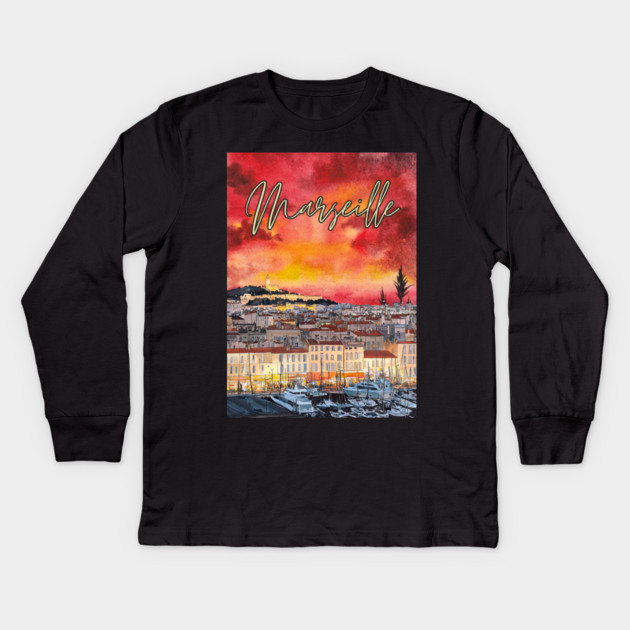 Marseille - Crimson Sunset Cityscape - Watercolor Souvenir Kids Long Sleeve T-Shirt by TuncGK