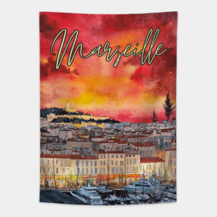 Marseille - Crimson Sunset Cityscape - Watercolor Souvenir Tapestry