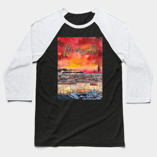 Marseille - Crimson Sunset Cityscape - Watercolor Souvenir Baseball T-Shirt