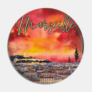 Marseille - Crimson Sunset Cityscape - Watercolor Souvenir Pin