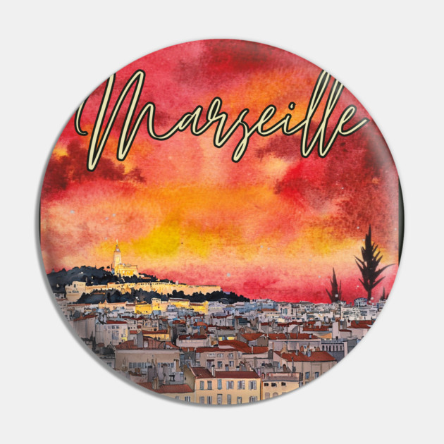 Marseille - Crimson Sunset Cityscape - Watercolor Souvenir Pin by TuncGK