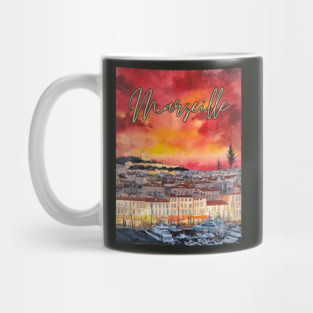 Marseille - Crimson Sunset Cityscape - Watercolor Souvenir Mug