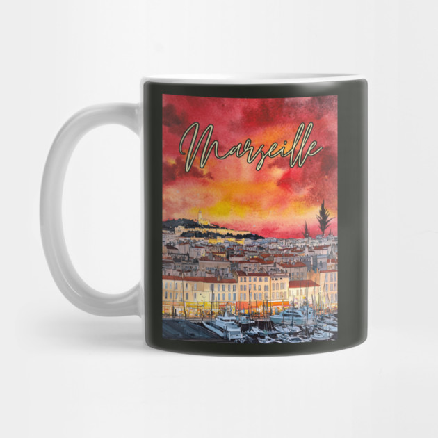 Marseille - Crimson Sunset Cityscape - Watercolor Souvenir by TuncGK
