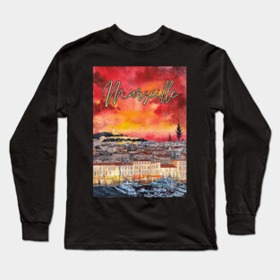 Marseille - Crimson Sunset Cityscape - Watercolor Souvenir Long Sleeve T-Shirt